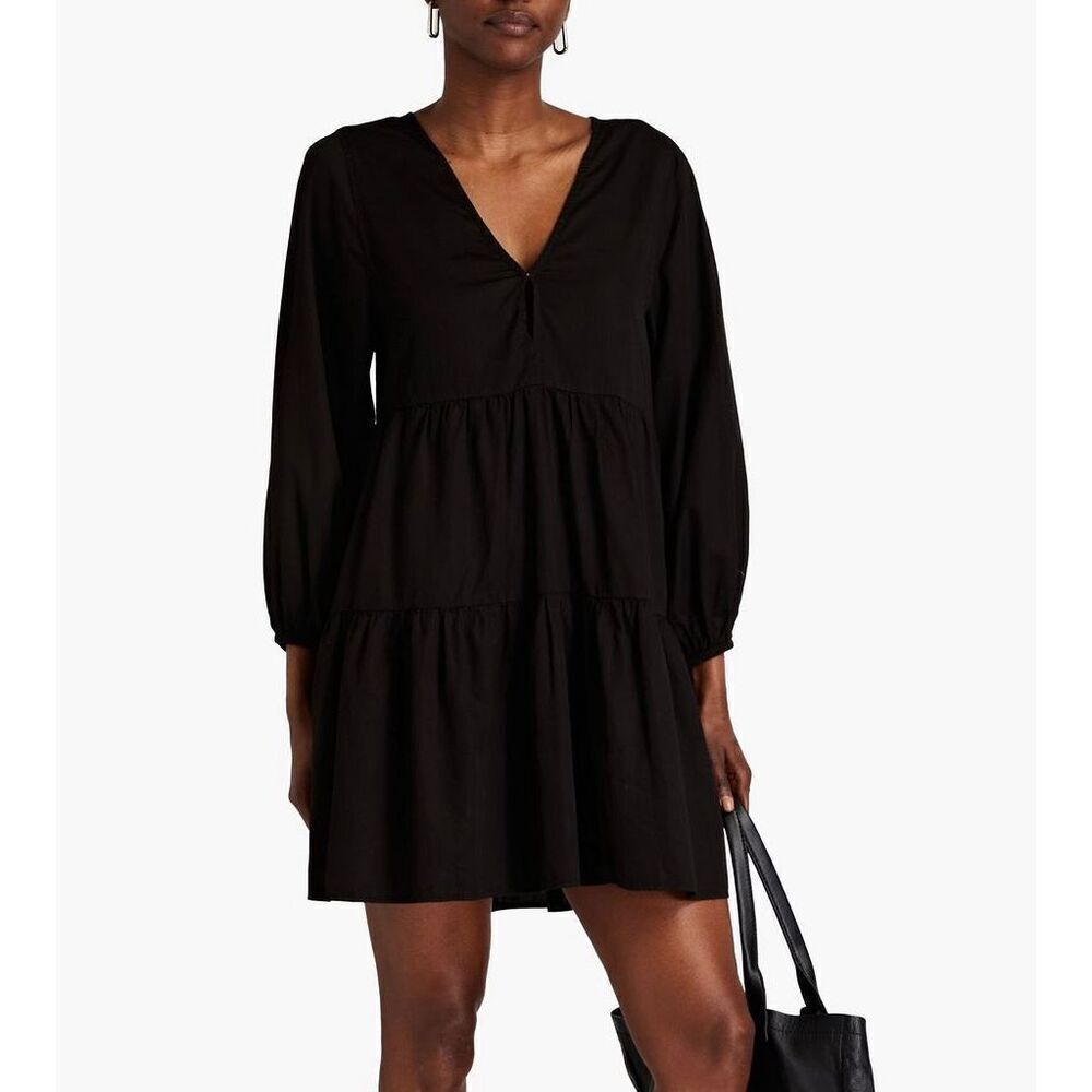 Enza Costa Womens Black V-Neck Tiered Cotton Poplin Mini Dress Size 1 (4US)
